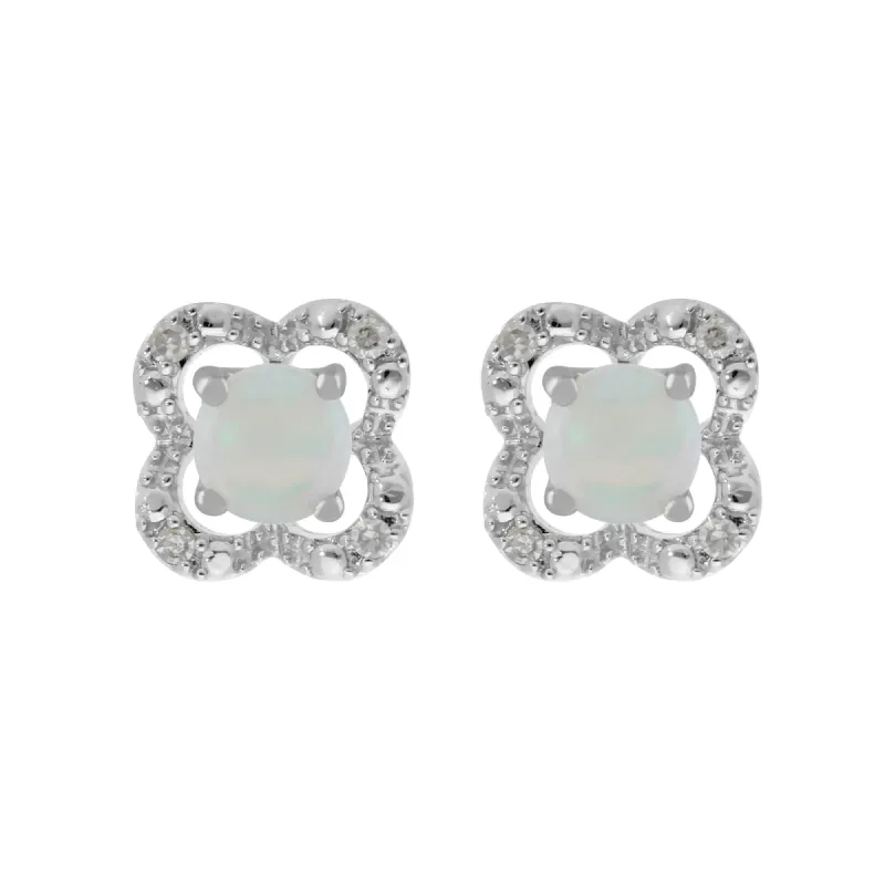 Classic Round Opal Studs with Detachable Diamond Flower Ear Jacket in 9ct White Gold sold by Gemondo Jewellery