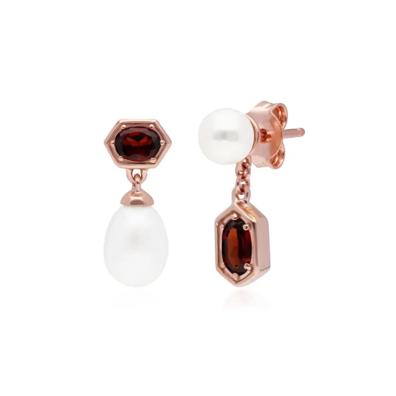 Modern Pearl & Garnet Mismatched Drop Earrings in Rose Gold Plated Silver sold by Gemondo Jewellery