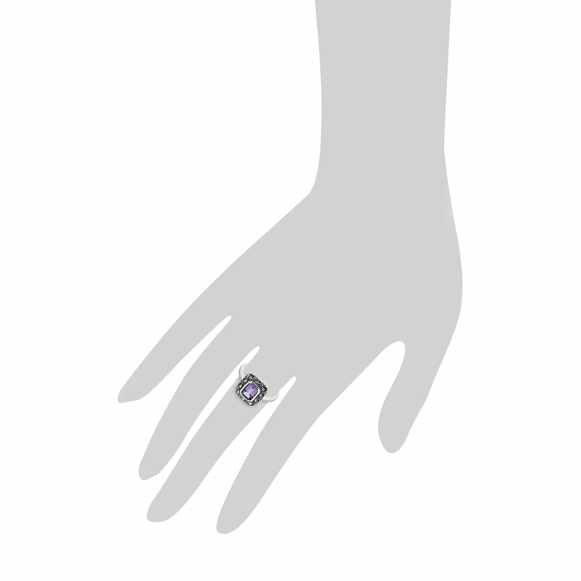 Art Nouveau Style Octagon Amethyst & Marcasite Border Ring in 925 Sterling Silver sold by Gemondo Jewellery product image thumbnail 3