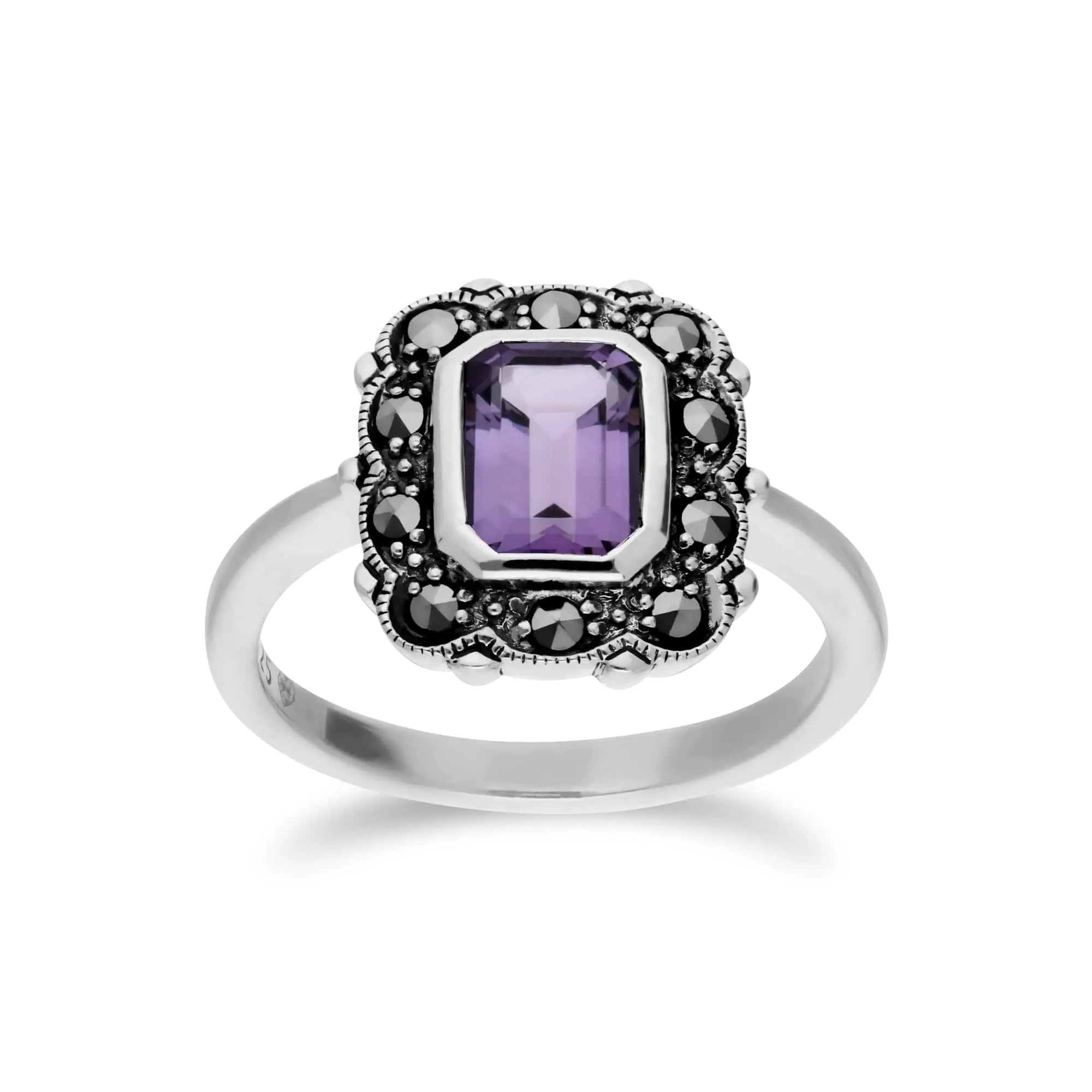 Art Nouveau Style Octagon Amethyst & Marcasite Border Ring in 925 Sterling Silver sold by Gemondo Jewellery