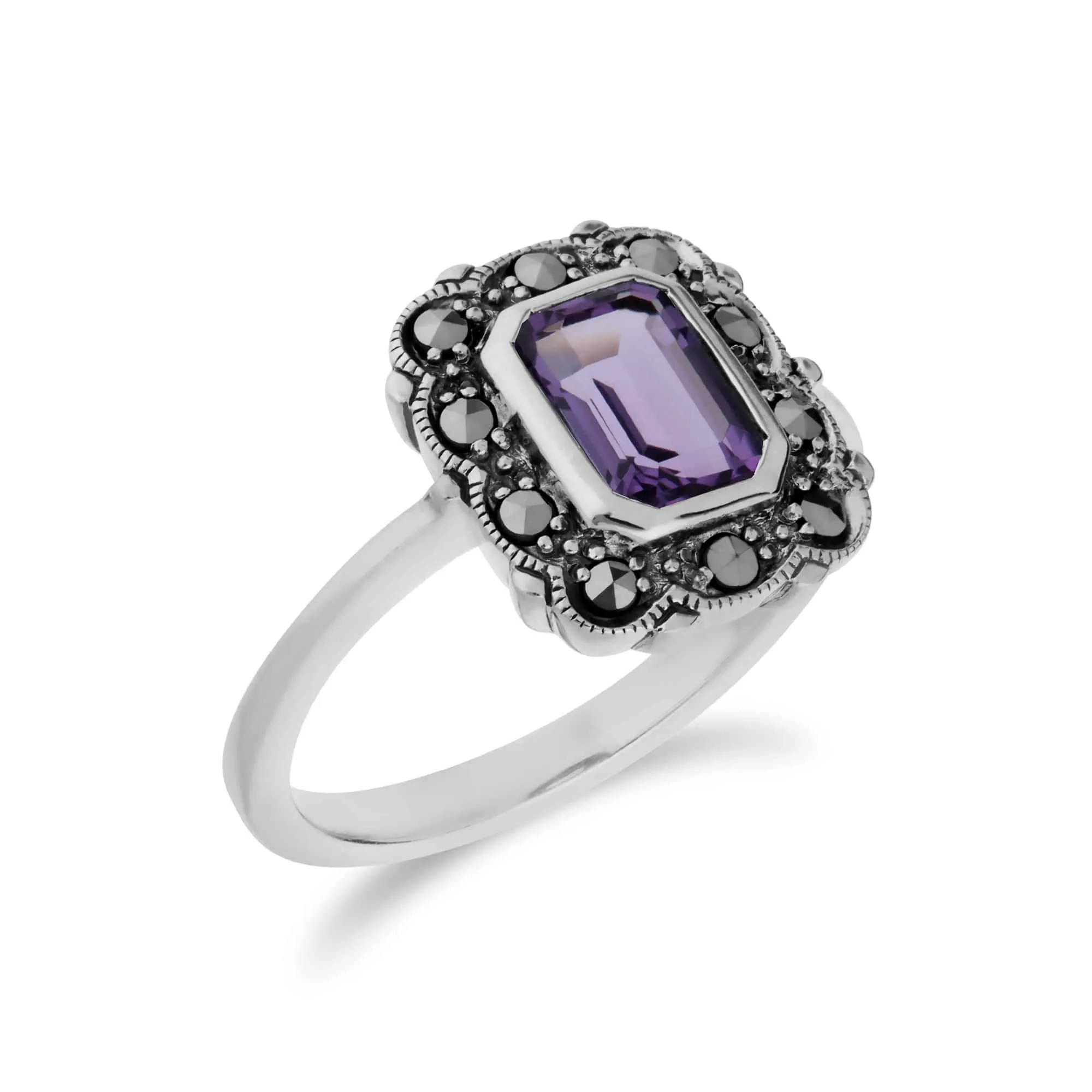 Art Nouveau Style Octagon Amethyst & Marcasite Border Ring in 925 Sterling Silver sold by Gemondo Jewellery product image thumbnail 2