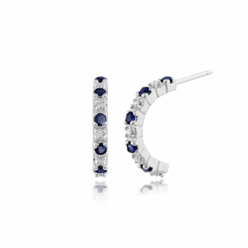 Classic Round Sapphire & Diamond Half Hoop Style Earrings in 9ct White Gold sold by Gemondo Jewellery