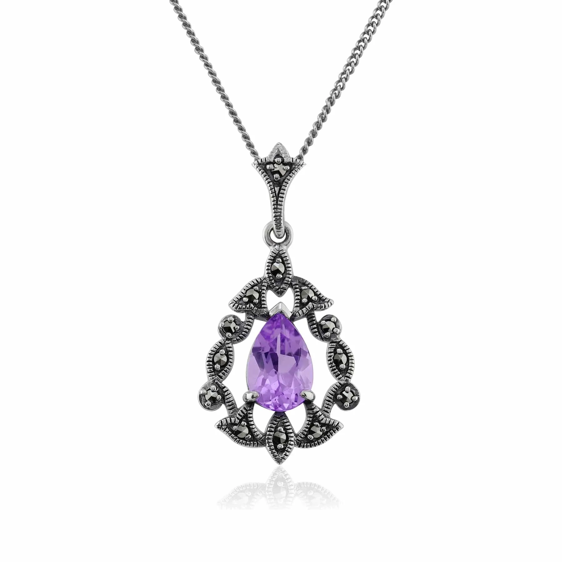 Art Nouveau Style Pear Amethyst & Marcasite Pendant in 925 Sterling Silver sold by Gemondo Jewellery