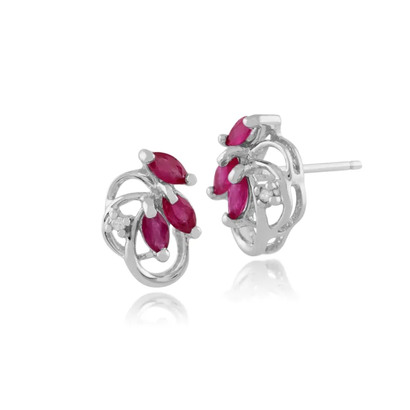 9ct White Gold 0.45ct Natural Ruby & Diamond Floral Stud Earrings sold by Gemondo Jewellery