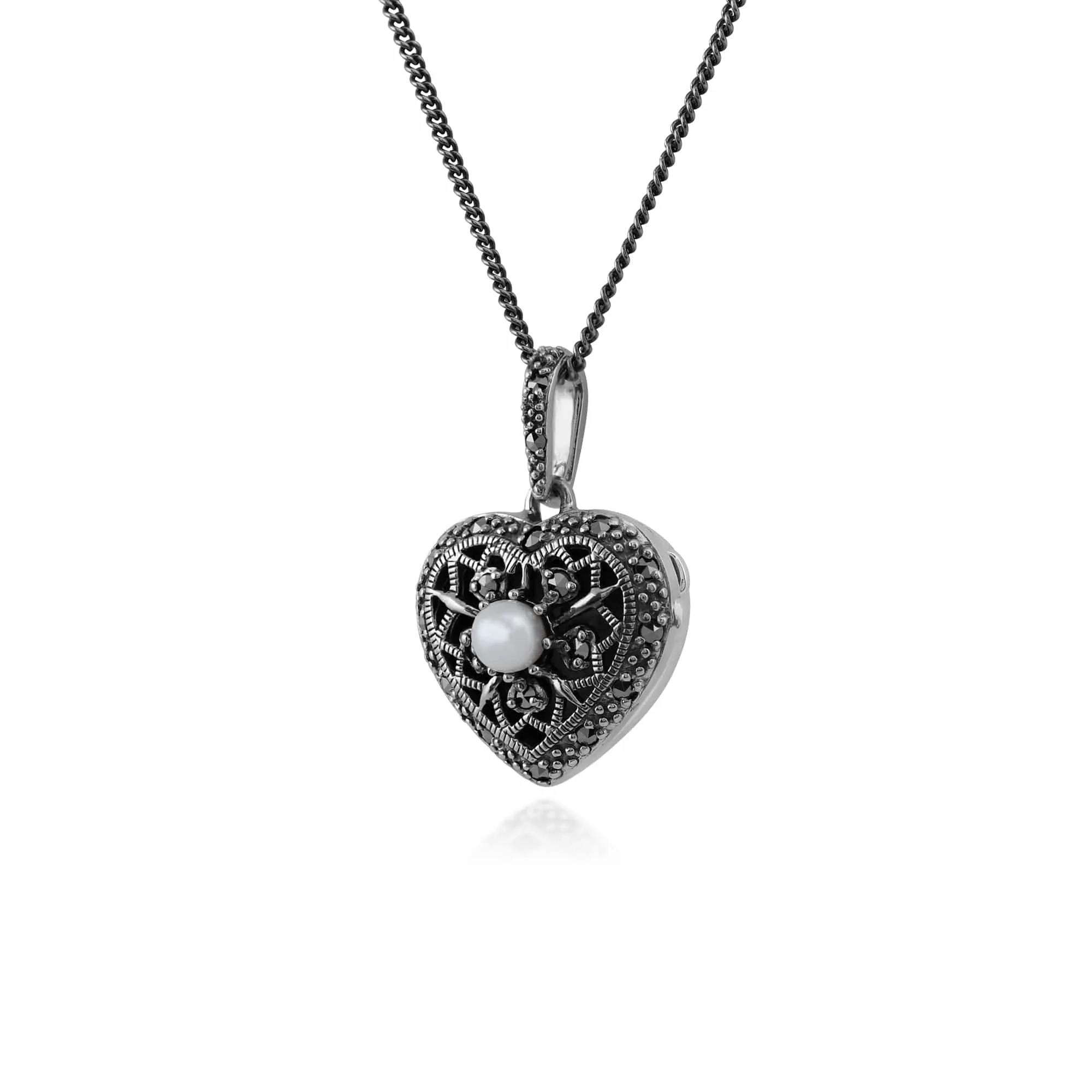 Art Nouveau Style Pearl & Marcasite Heart Necklace in 925 Sterling Silver sold by Gemondo Jewellery product image thumbnail 4