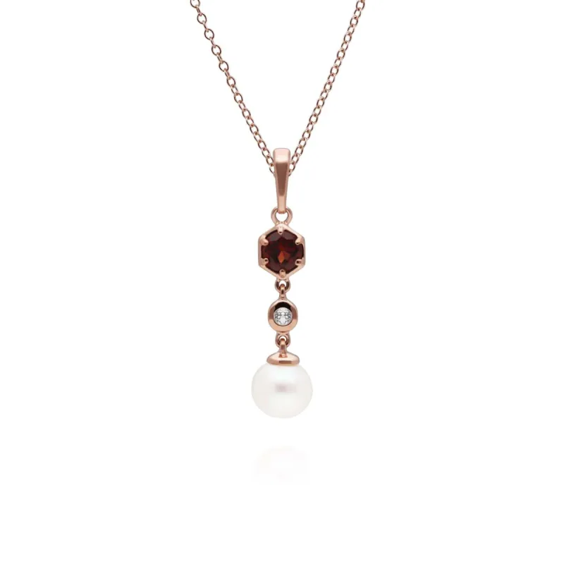Modern Pearl, Garnet & Topaz Drop Pendant in Rose Gold Plated Sterling Silver sold by Gemondo Jewellery