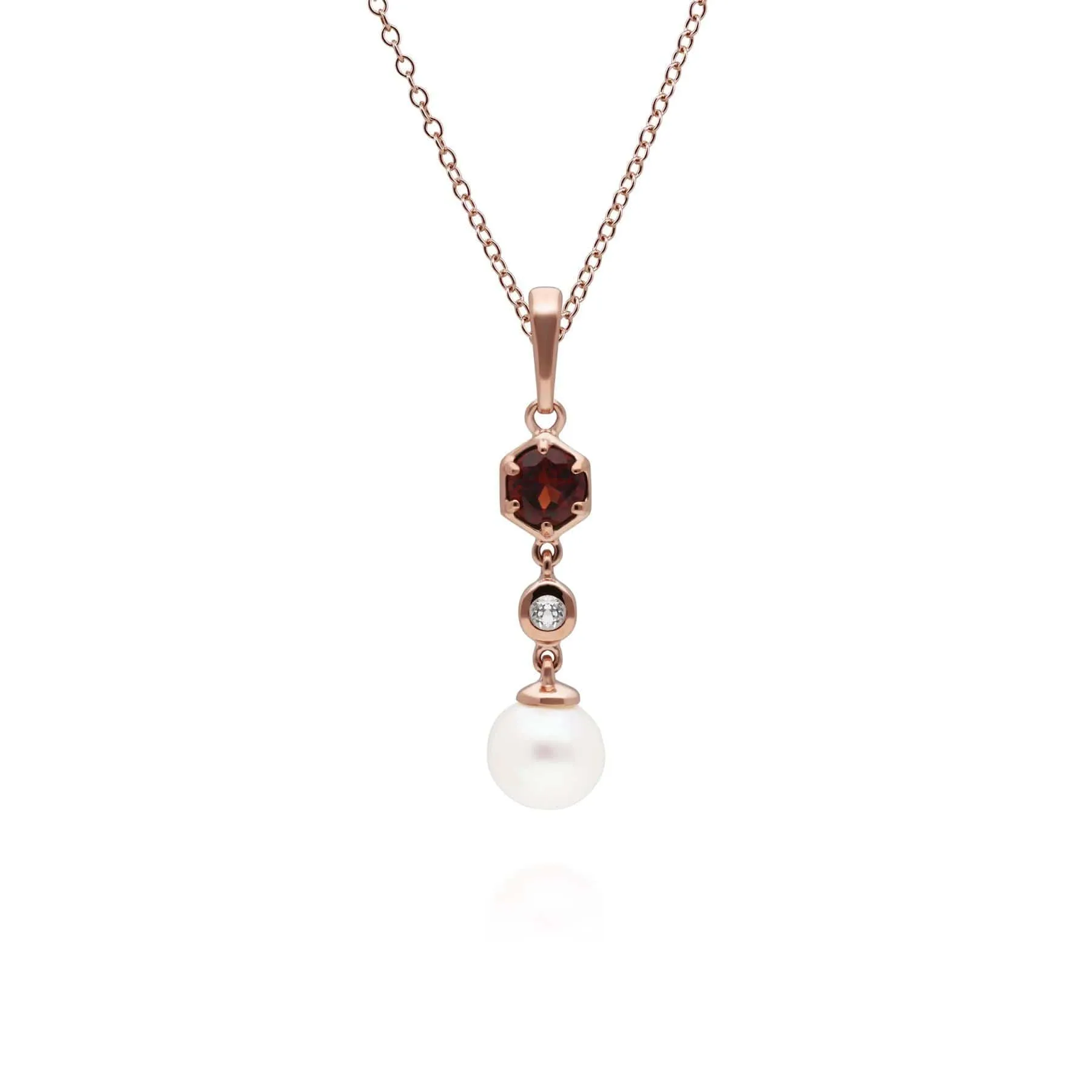 Modern Pearl, Garnet & Topaz Drop Pendant in Rose Gold Plated Sterling Silver sold by Gemondo Jewellery