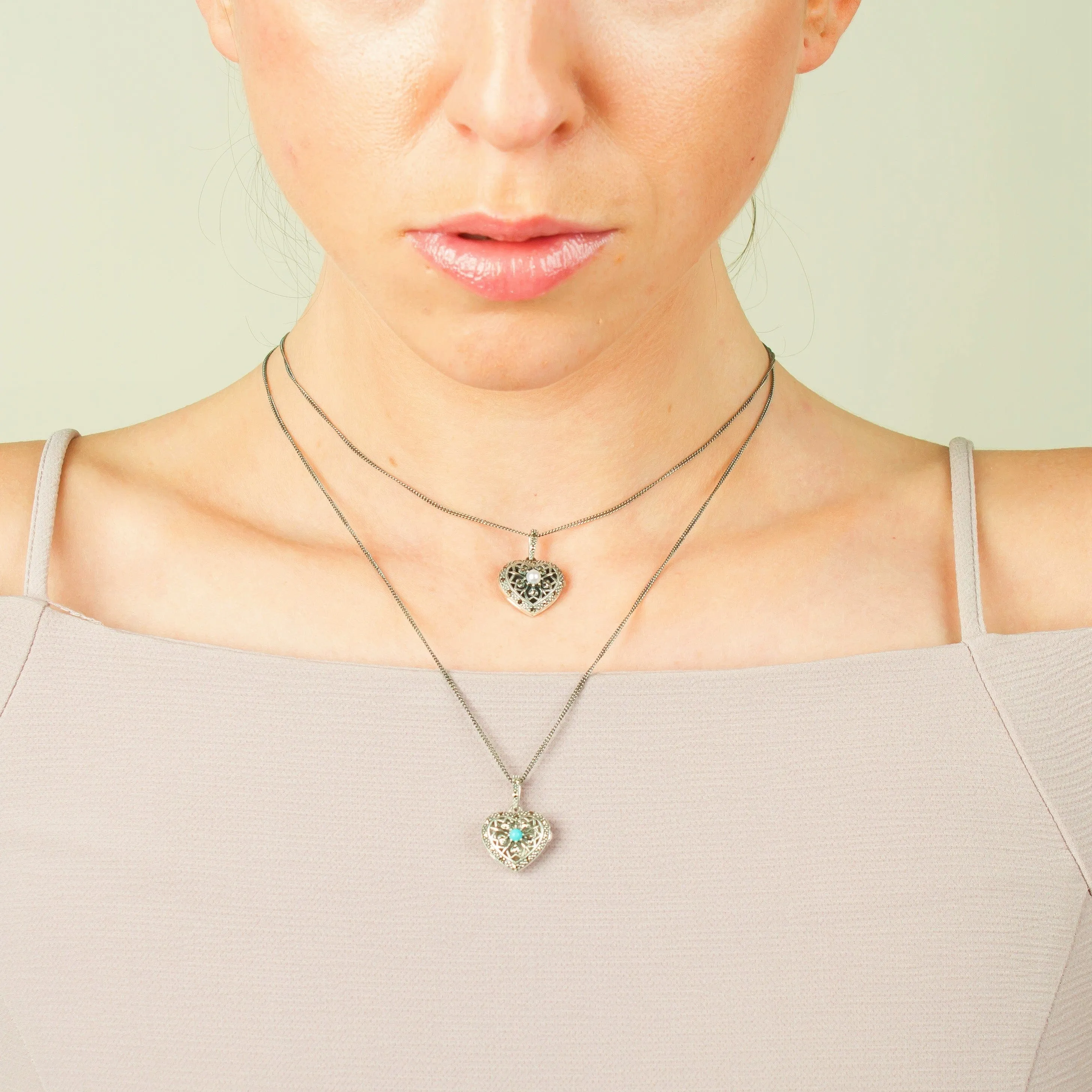 Art Nouveau Style Pearl & Marcasite Heart Necklace in 925 Sterling Silver sold by Gemondo Jewellery product image thumbnail 2