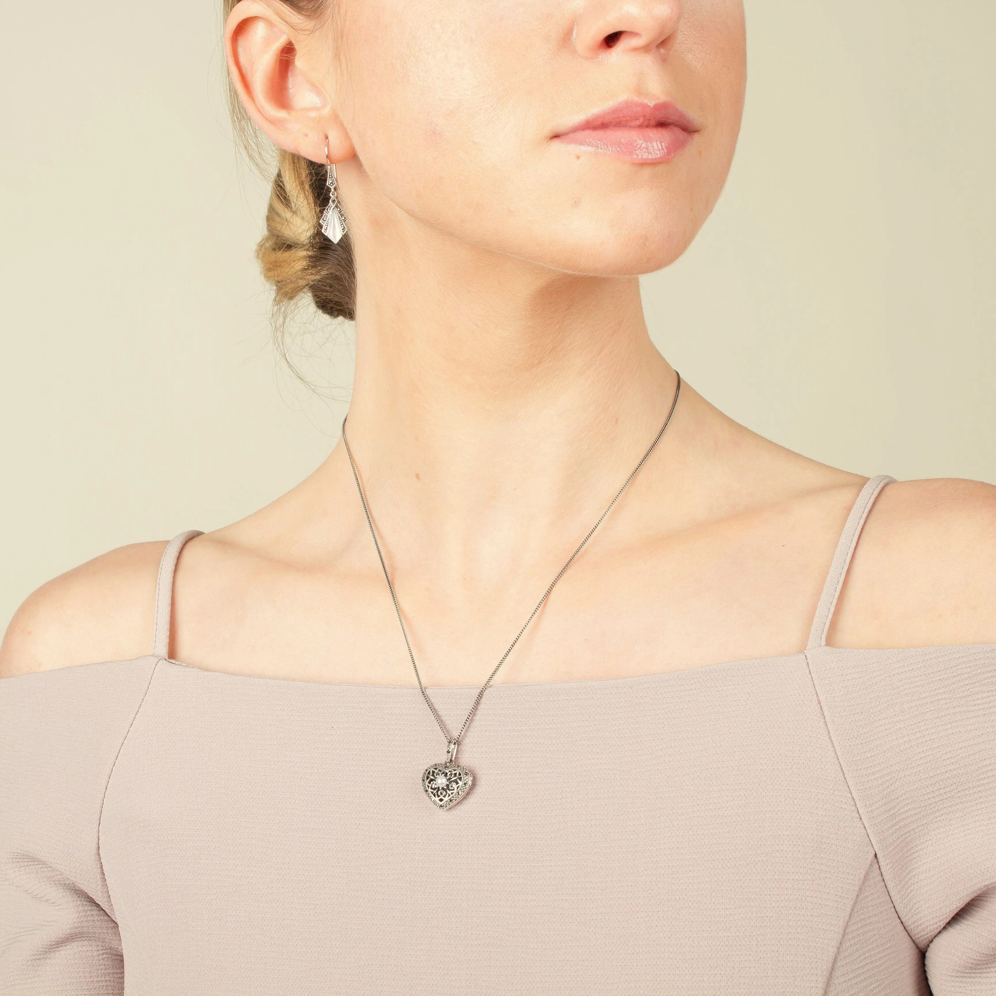 Art Nouveau Style Pearl & Marcasite Heart Necklace in 925 Sterling Silver sold by Gemondo Jewellery product image thumbnail 3