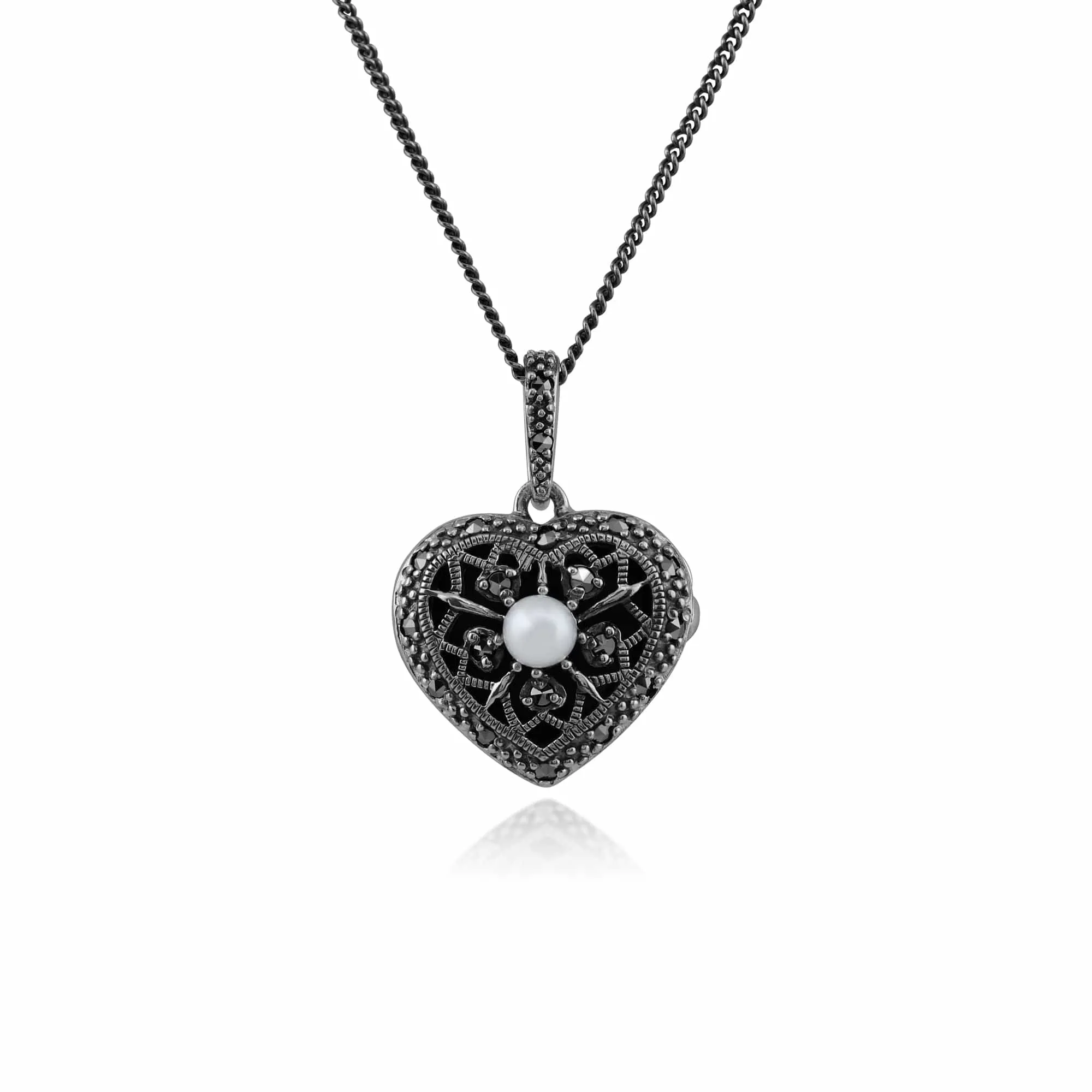 Art Nouveau Style Pearl & Marcasite Heart Necklace in 925 Sterling Silver sold by Gemondo Jewellery
