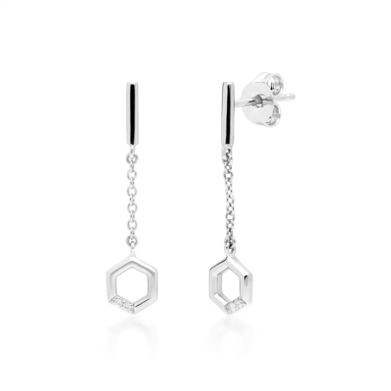 Diamond Pave Hexagon Dangle Drop Earrings in 9ct White Gold sold by Gemondo Jewellery