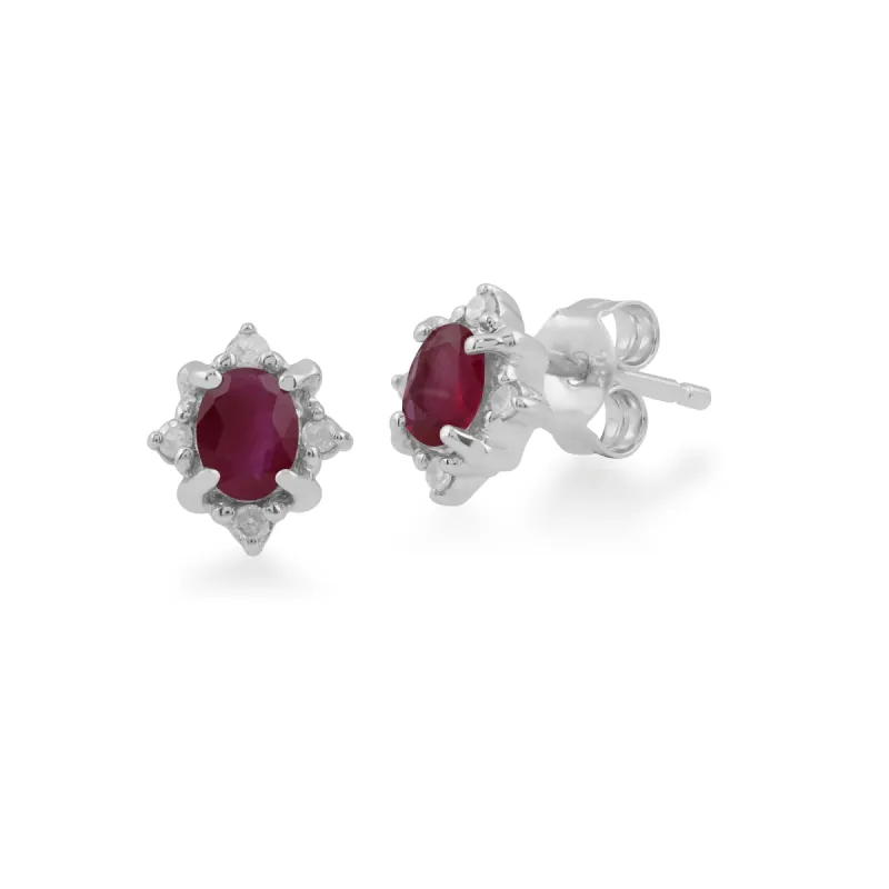 Classic Oval Ruby & Diamond Cluster Stud Earrings in 9ct White Gold sold by Gemondo Jewellery