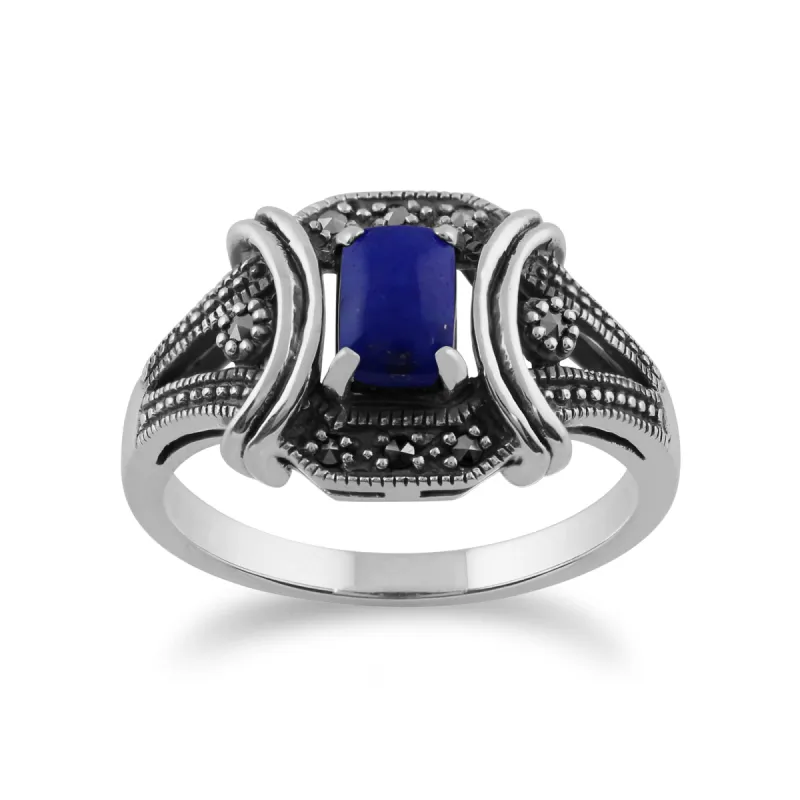 Gemondo 925 Sterling Silver 0.52ct Lapis Lazuli & Marcasite Art Deco Ring sold by Gemondo Jewellery