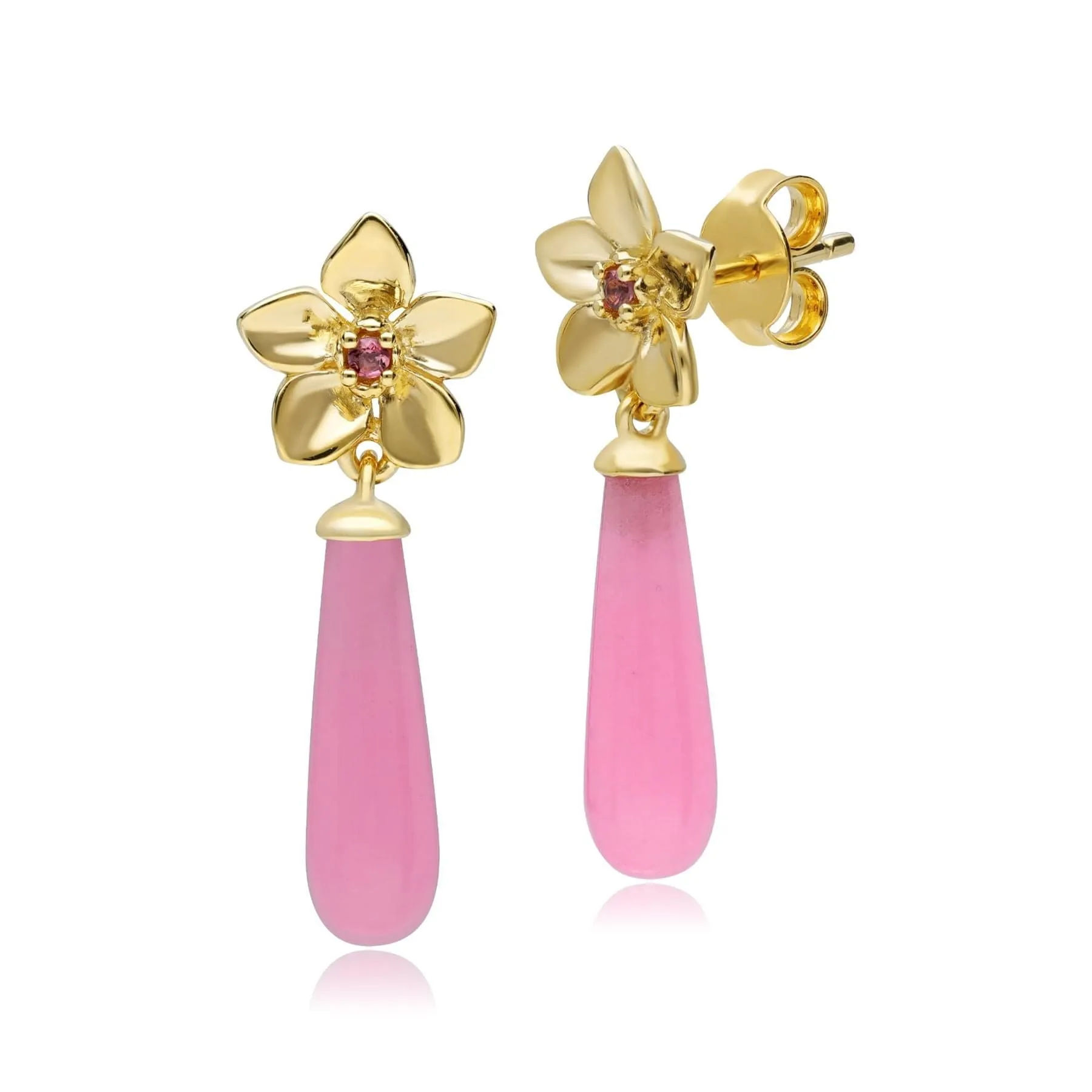 ECFEW™ Creator Dyed Pink Jadeite & Pink Tourmaline Floral Dangle Drop Earrings in Gold Plated Sterling Silver sold by Gemondo Jewellery