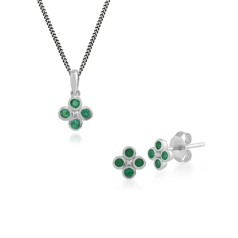 Floral Round Emerald Clover Stud Earrings & Pendant Set in 925 Sterling Silver sold by Gemondo Jewellery