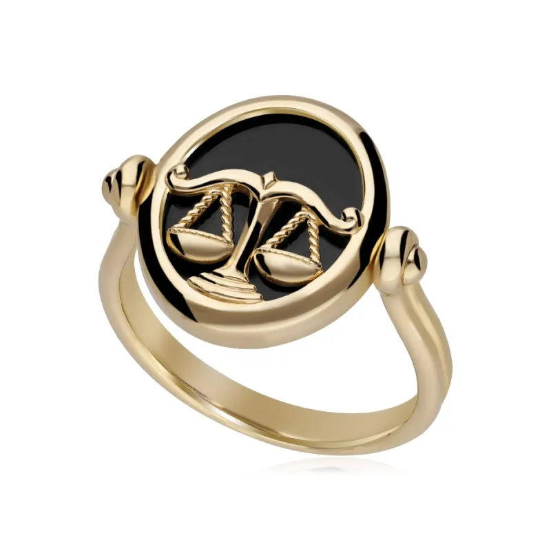 Zodiac Black Onyx Libra Flip Ring in 18ct Gold Plated Silver sold by Gemondo Jewellery