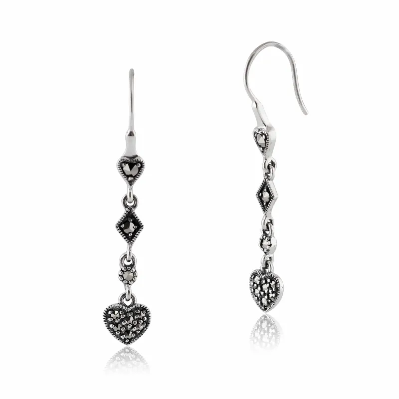 Art Deco Style Round Marcasite Pave Set Heart Drop Earrings in 925 Sterling Silver sold by Gemondo Jewellery