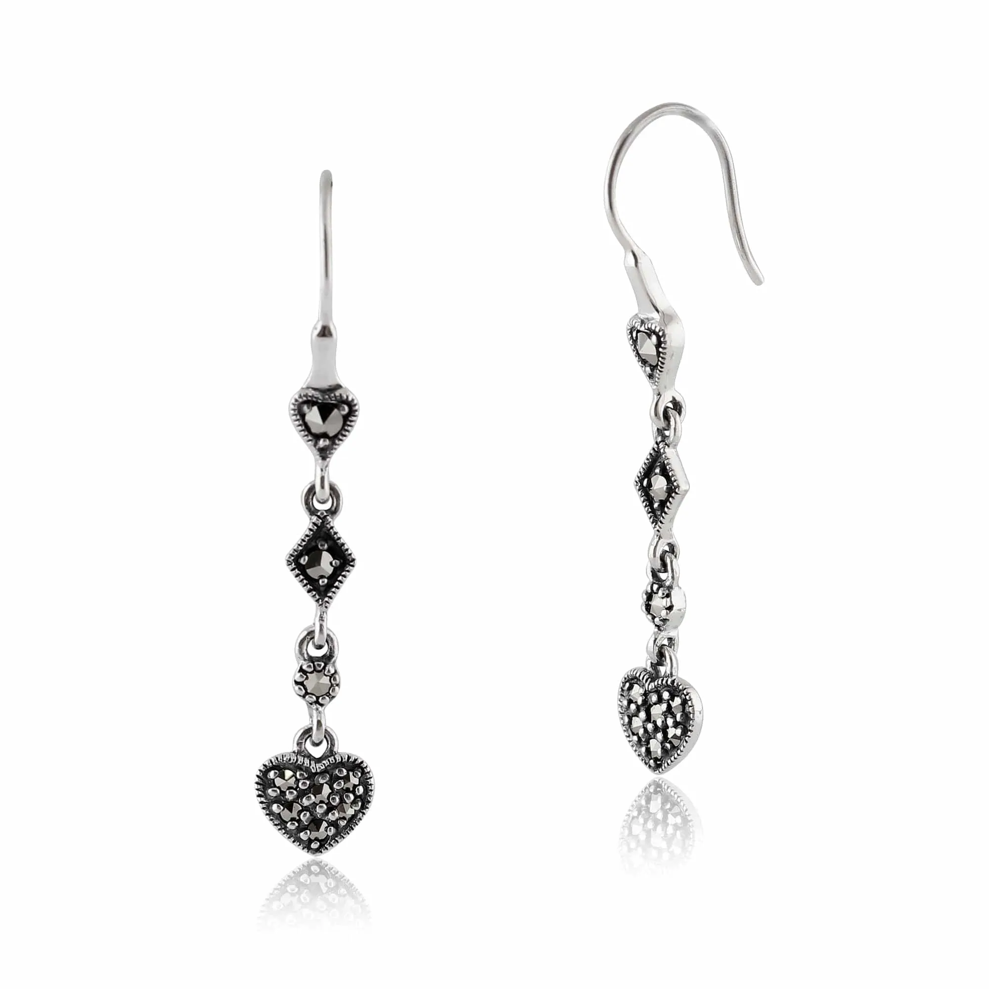 Art Deco Style Round Marcasite Pave Set Heart Drop Earrings in 925 Sterling Silver sold by Gemondo Jewellery