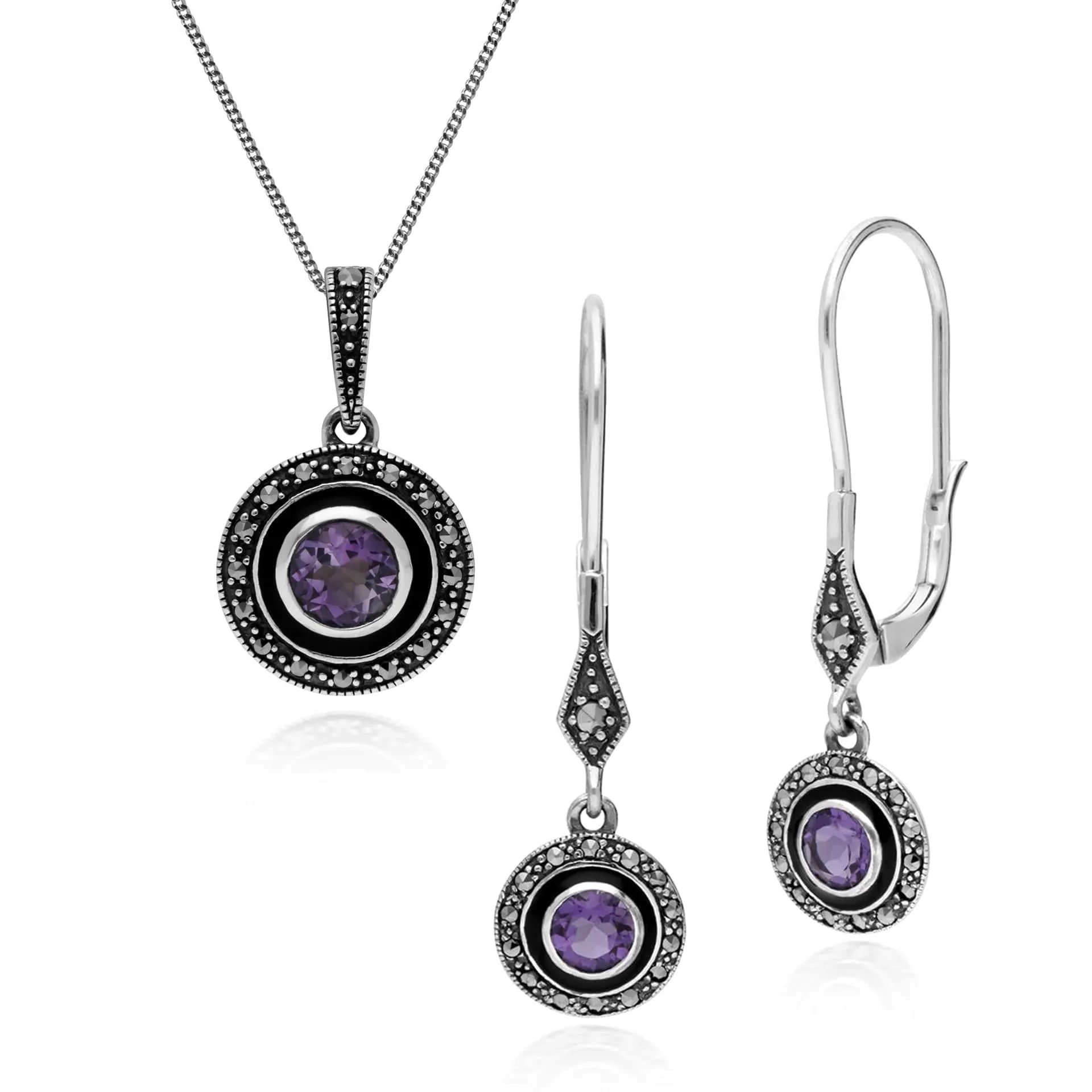 Art Deco Style Round Amethyst, Marcasite & Black Enamel Drop Earrings & Pendant Set in 925 Sterling Silver sold by Gemondo Jewellery