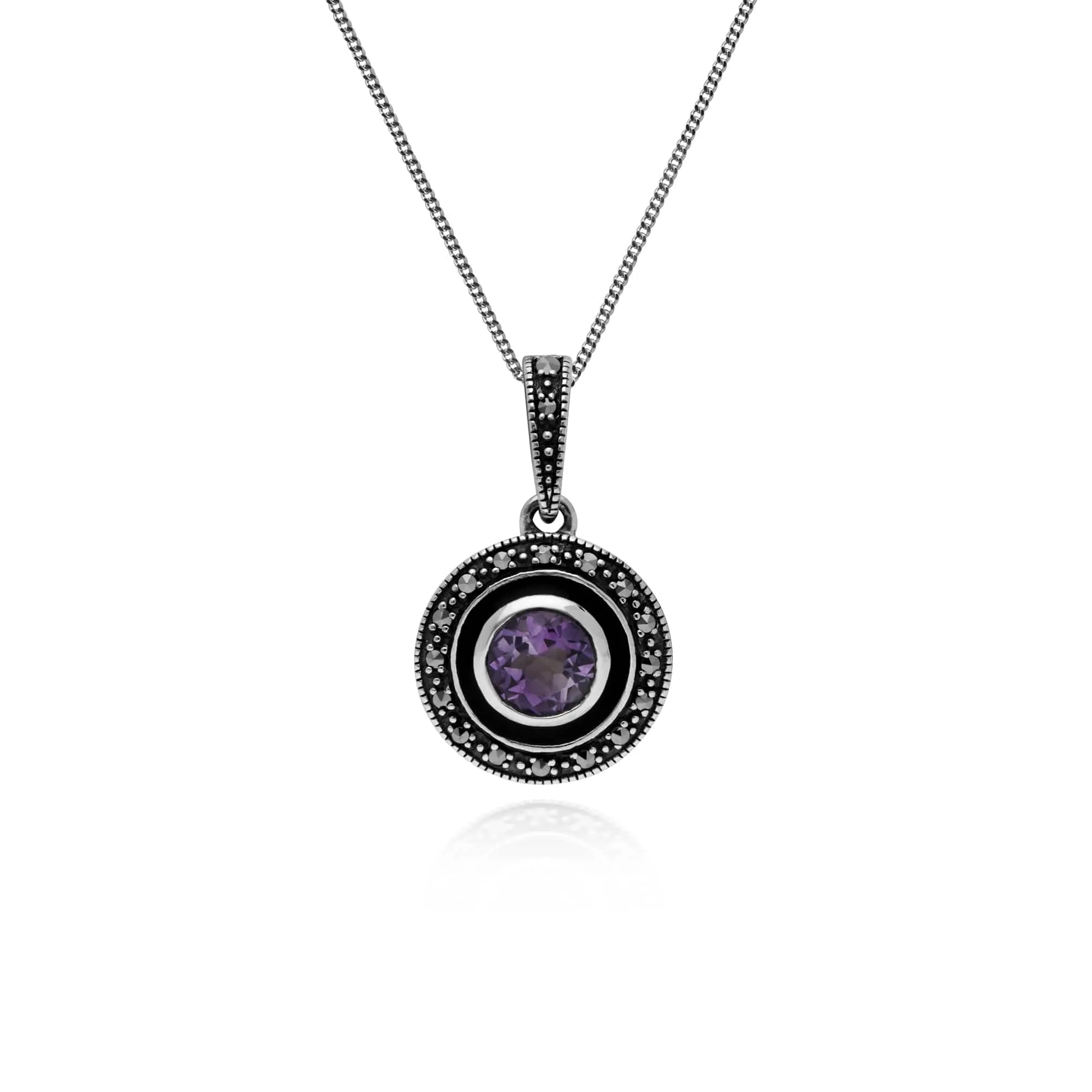 Art Deco Style Round Amethyst, Marcasite & Black Enamel Drop Earrings & Pendant Set in 925 Sterling Silver sold by Gemondo Jewellery product image thumbnail 3