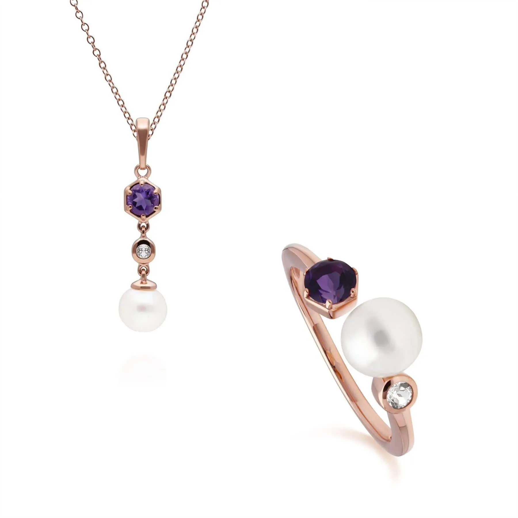 Modern Pearl, Amethyst & Topaz Pendant & Ring Set in Rose Gold Plated Silver sold by Gemondo Jewellery