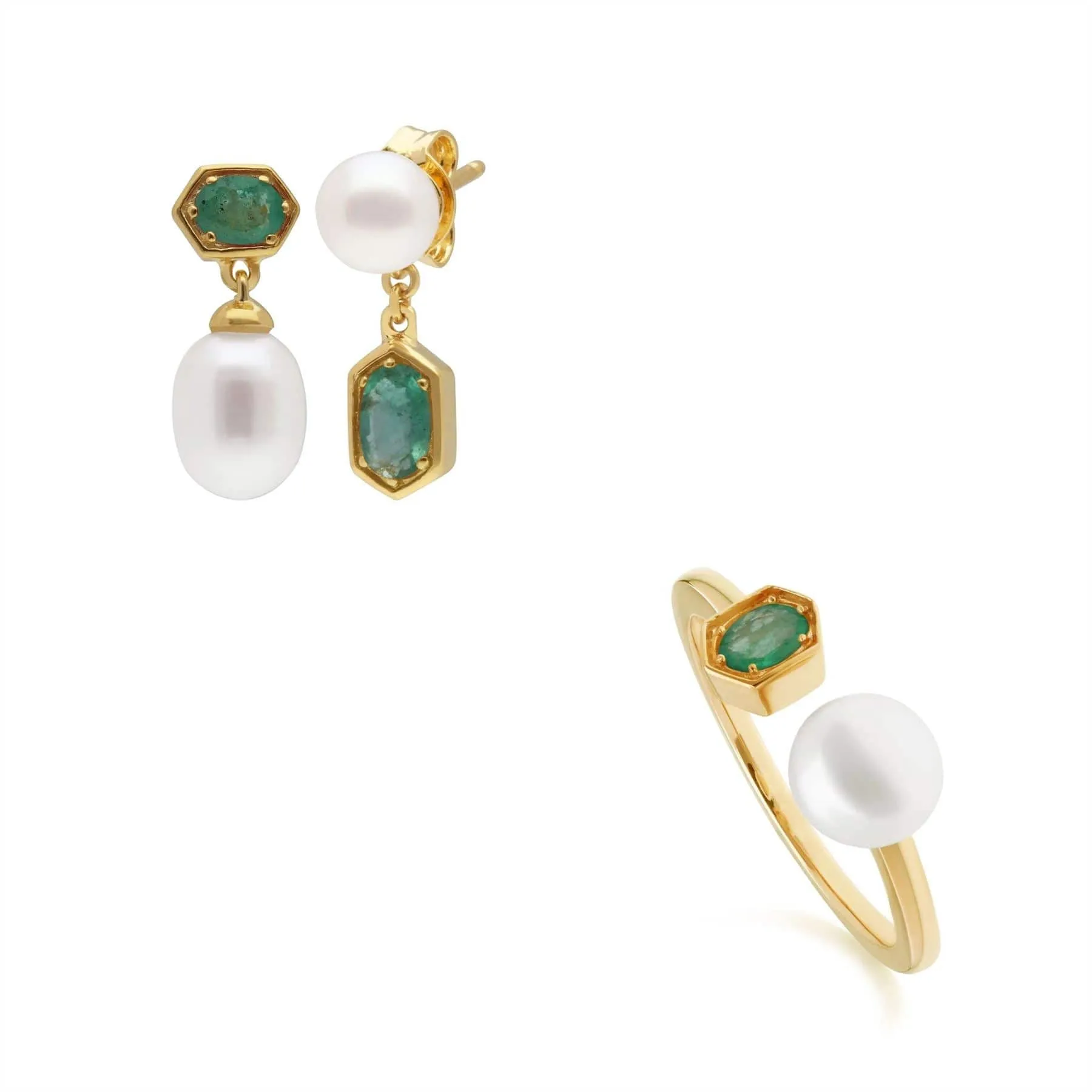 Modern Pearl & Emerald Earring & Ring Set in Gold Plated Silver sold by Gemondo Jewellery