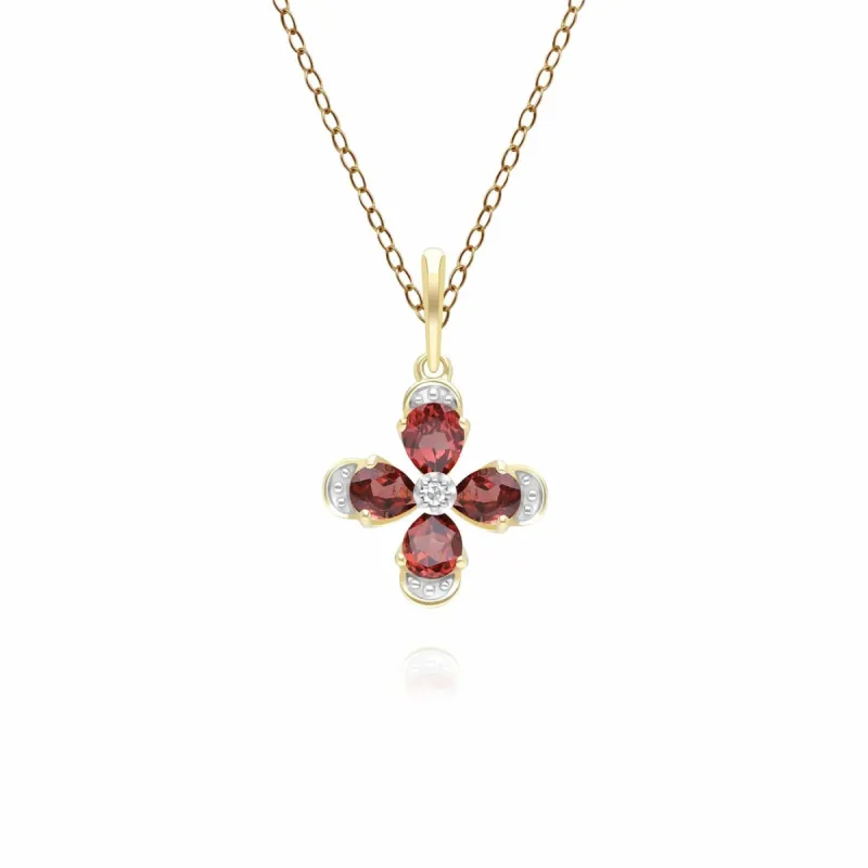 Floral Garnet & Diamond Pendant Necklace in 9ct Yellow Gold sold by Gemondo Jewellery