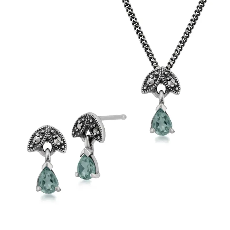 Art Deco Style Style Pear Aquamarine & Marcasite Leaf Stud Earrings & Pendant Set in 925 Sterling Silver sold by Gemondo Jewellery