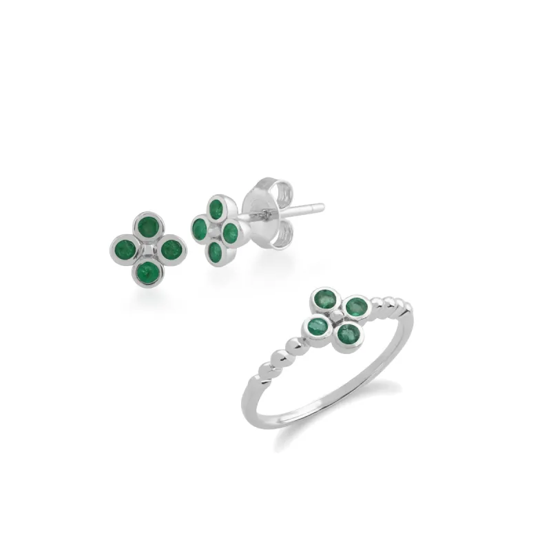 Floral Round Emerald Clover Stud Earrings & Ring Set in 925 Sterling Silver sold by Gemondo Jewellery