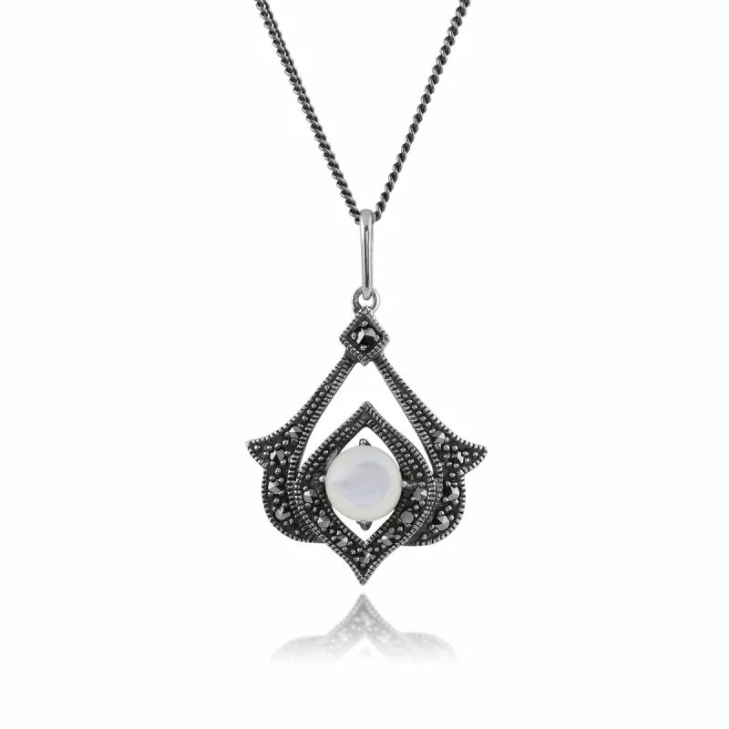 Art Nouveau Style Mother of Pearl & Marcasite Open Work Pendant in 925 Sterling Silver sold by Gemondo Jewellery