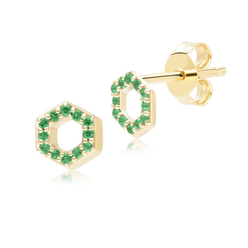 Geometric Hex Emerald Stud Earrings in 9ct Yellow Gold sold by Gemondo Jewellery