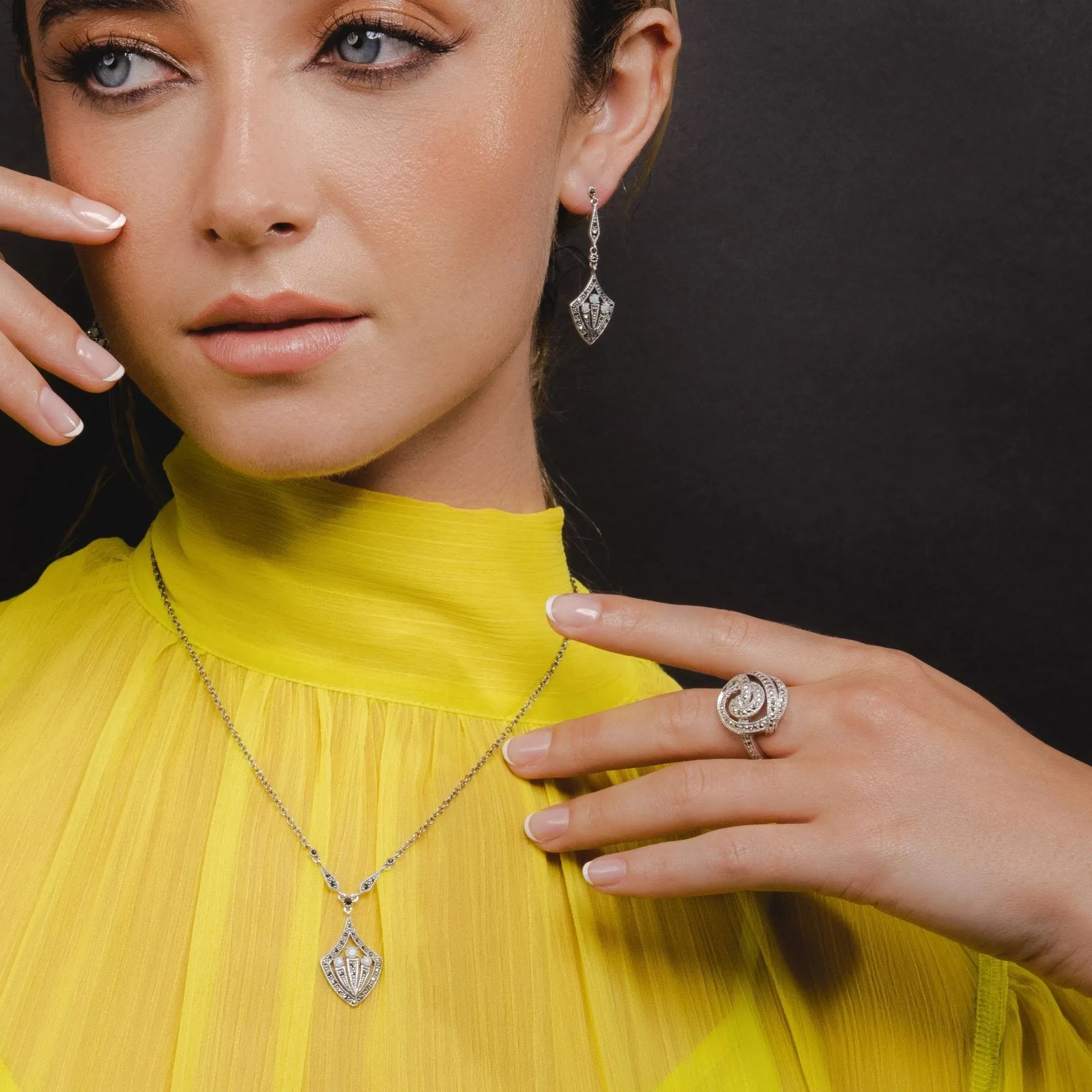 Art Deco Style Round Opal Cabochon & Marcasite Drop Earrings in Silver sold by Gemondo Jewellery product image thumbnail 2