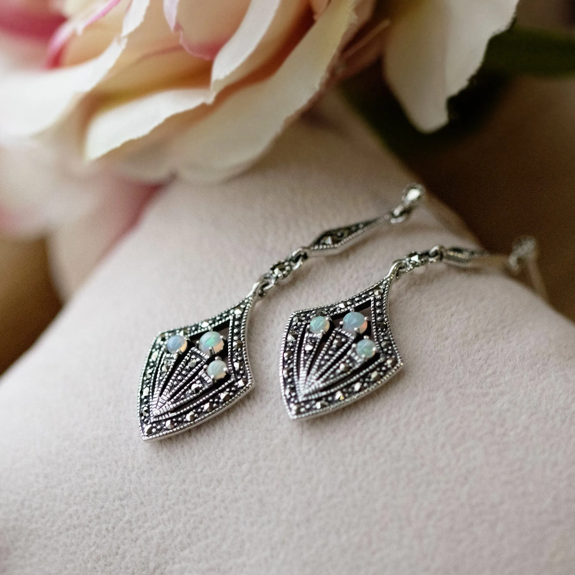 Art Deco Style Round Opal Cabochon & Marcasite Drop Earrings in Silver sold by Gemondo Jewellery product image thumbnail 3