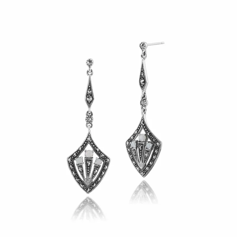 Art Deco Style Round Opal Cabochon & Marcasite Drop Earrings in Silver sold by Gemondo Jewellery