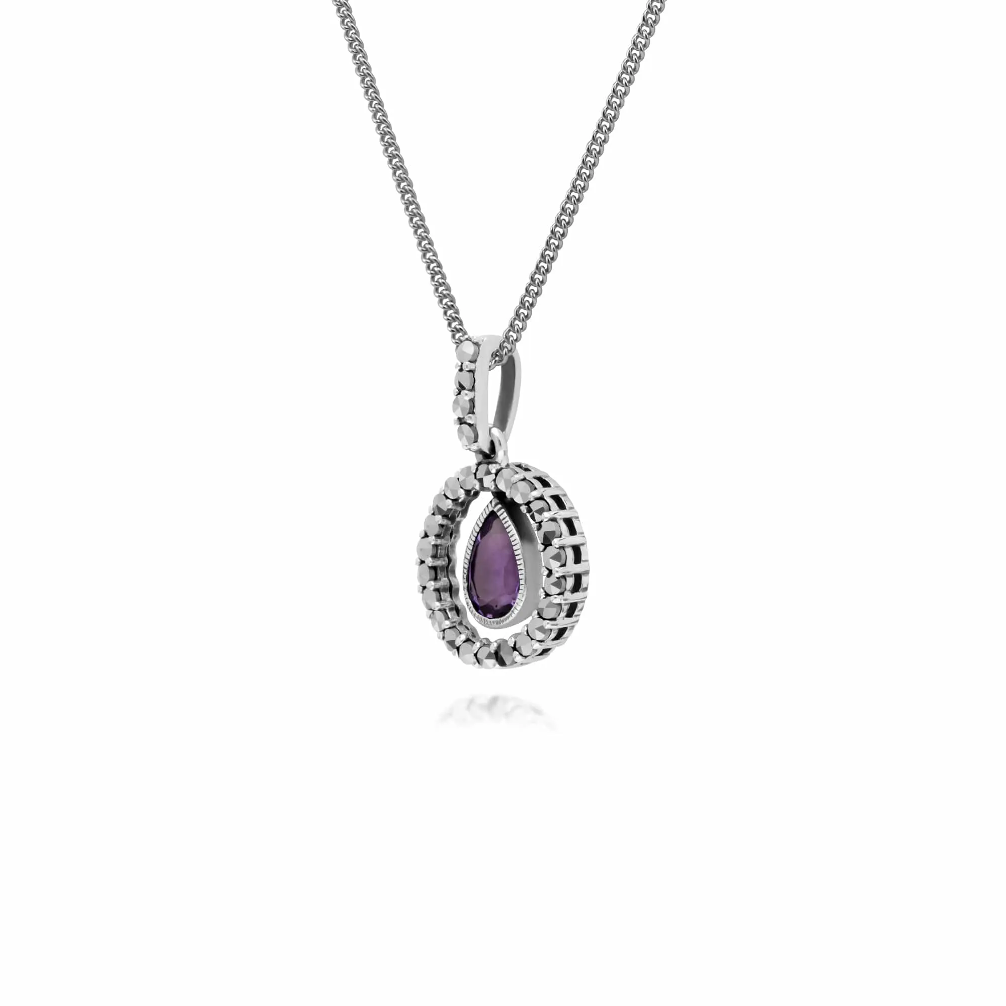 Classic Pear Amethyst & Marcasite Halo Pendant in 925 Sterling Silver sold by Gemondo Jewellery product image thumbnail 2