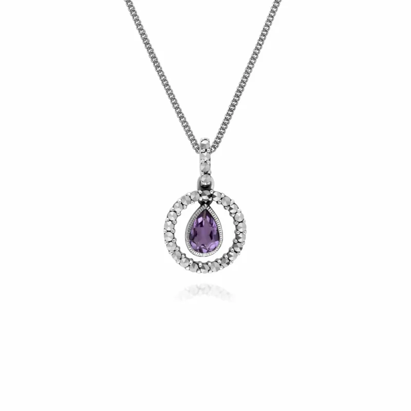 Classic Pear Amethyst & Marcasite Halo Pendant in 925 Sterling Silver sold by Gemondo Jewellery