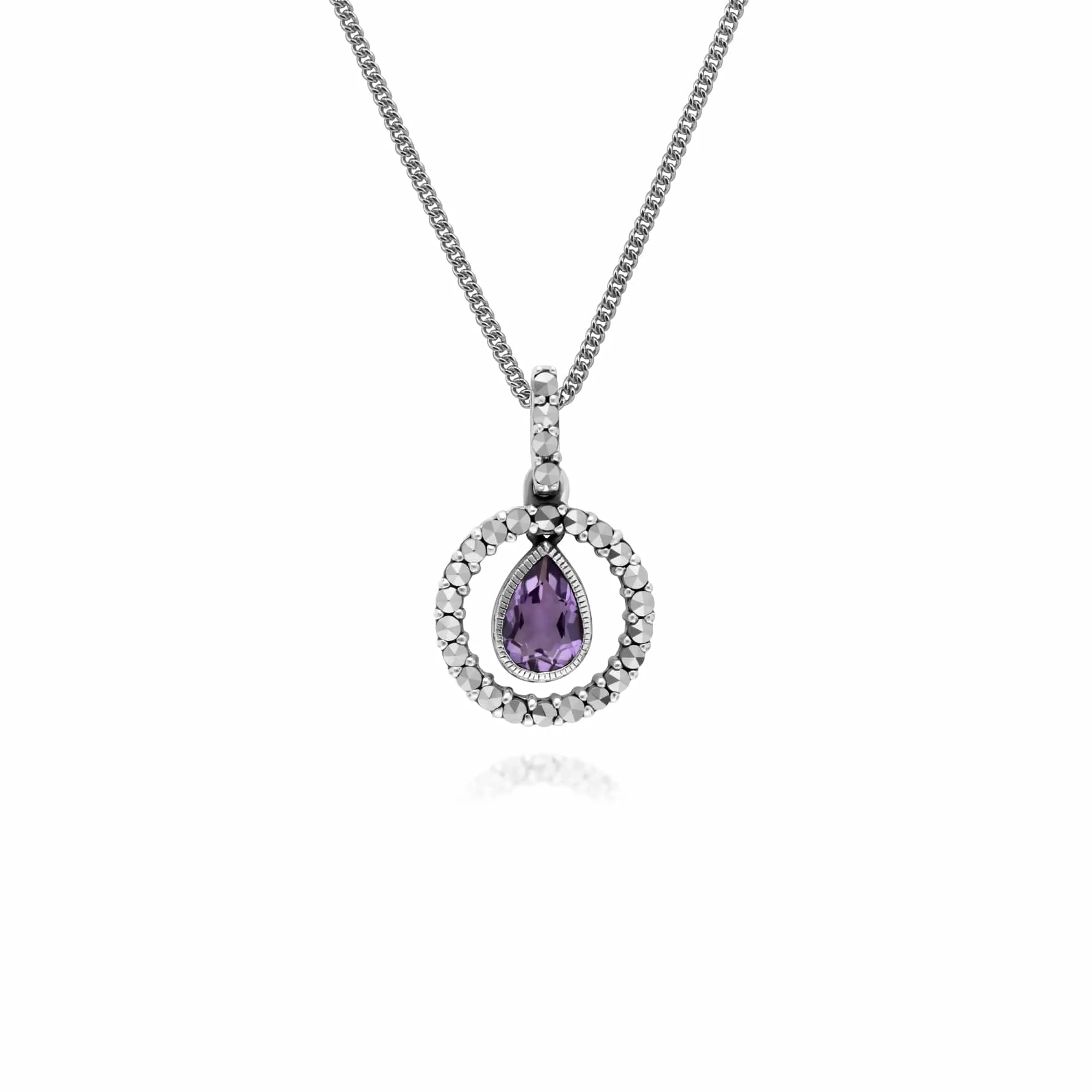 Classic Pear Amethyst & Marcasite Halo Pendant in 925 Sterling Silver sold by Gemondo Jewellery