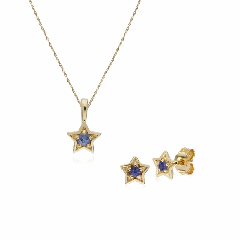 Contemporary Round Tanzanite Single Stone Star Earrings & Necklace Set in 9ct Yellow Gold sold by Gemondo Jewellery