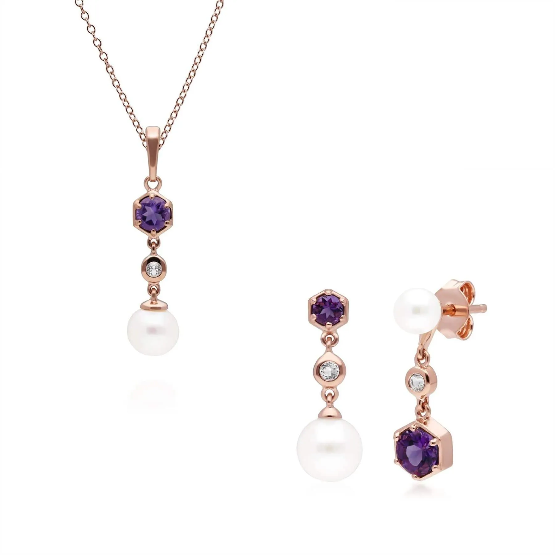 Modern Pearl, Amethyst & Topaz Pendant & Earring Set in Rose Gold Plated Silver sold by Gemondo Jewellery