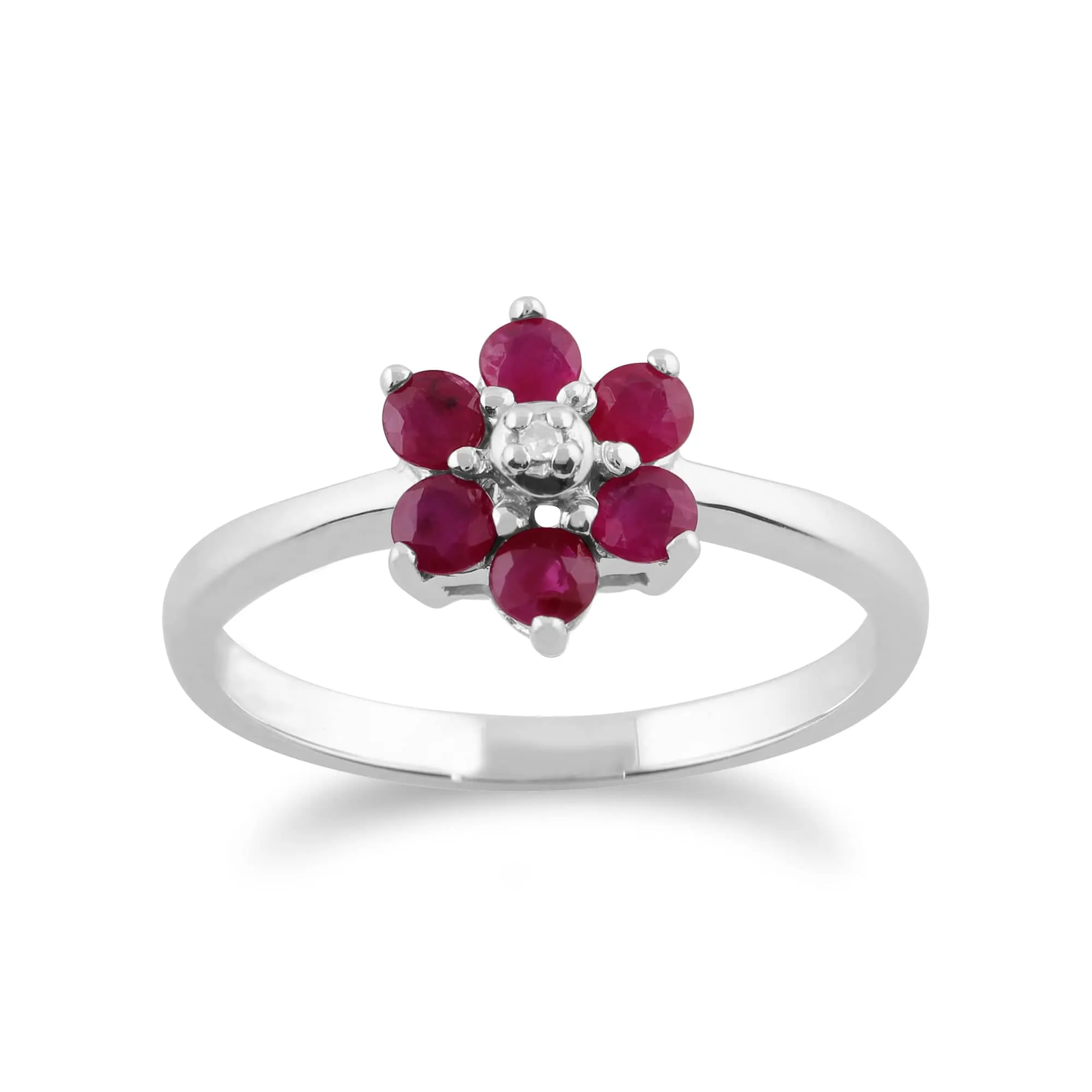 Floral Round Ruby & Diamond Cluster Ring in 9ct White Gold sold by Gemondo Jewellery