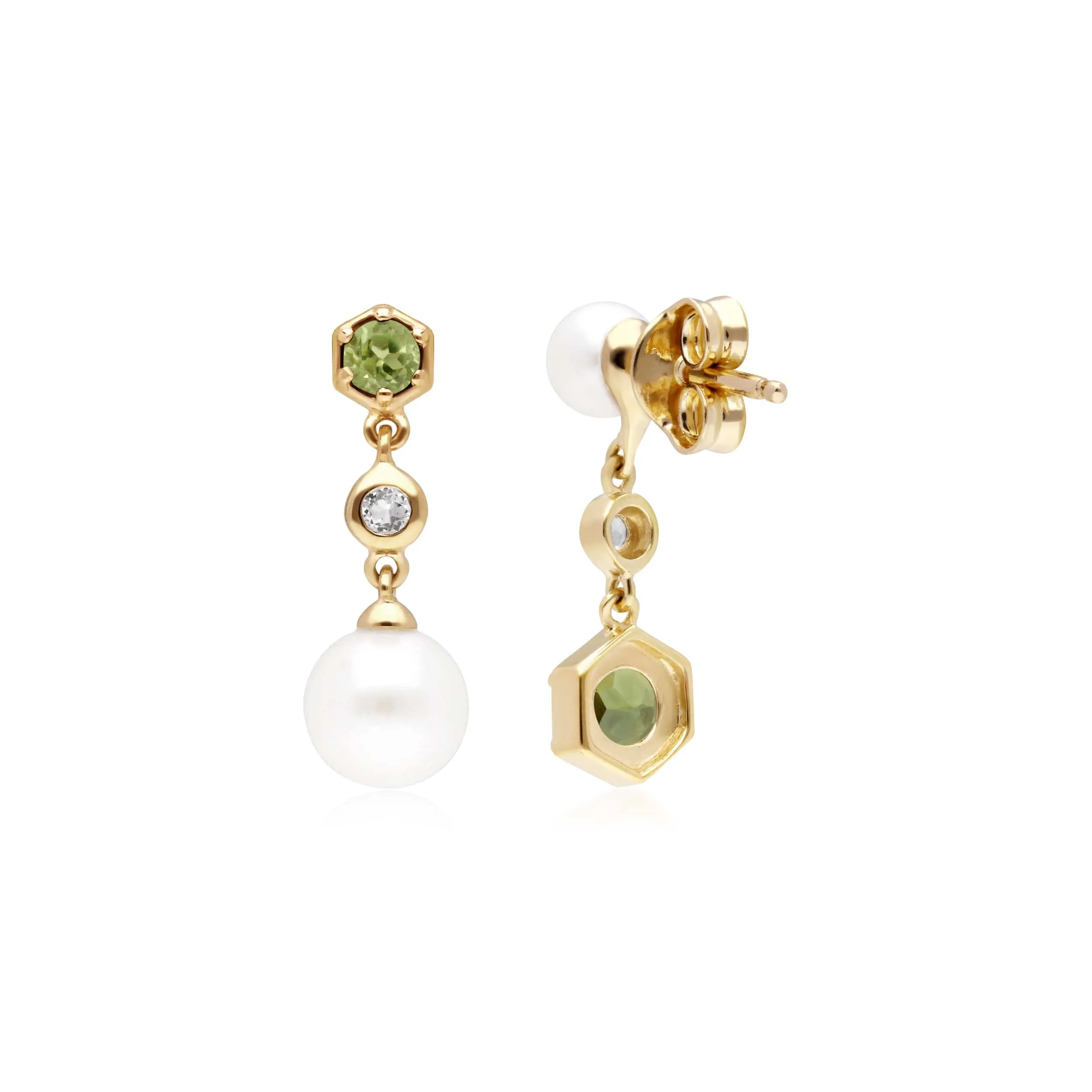 Modern Pearl, Peridot & Topaz Mismatched Drop Earrings in Gold Plated Silver sold by Gemondo Jewellery product image thumbnail 2