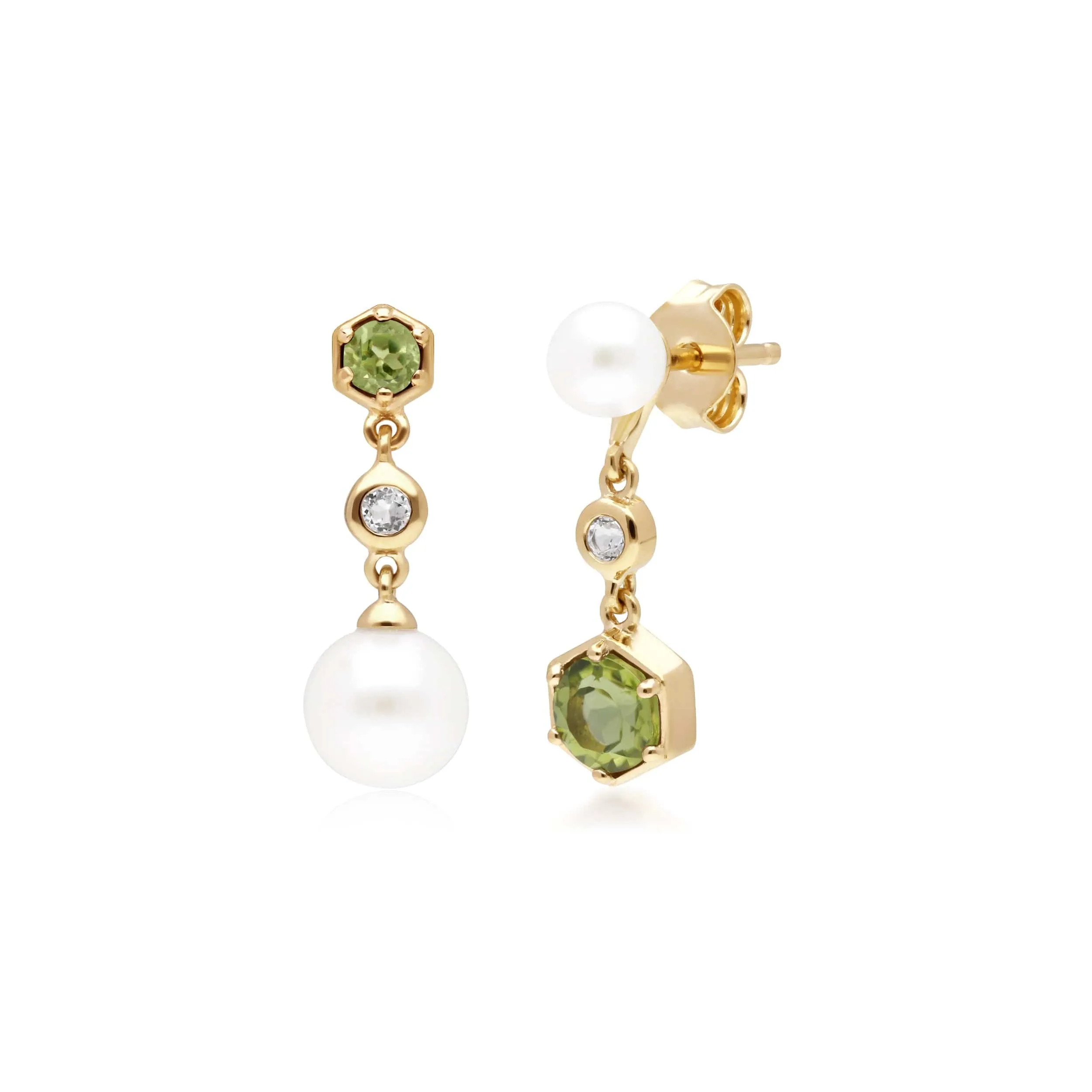 Modern Pearl, Peridot & Topaz Mismatched Drop Earrings in Gold Plated Silver sold by Gemondo Jewellery