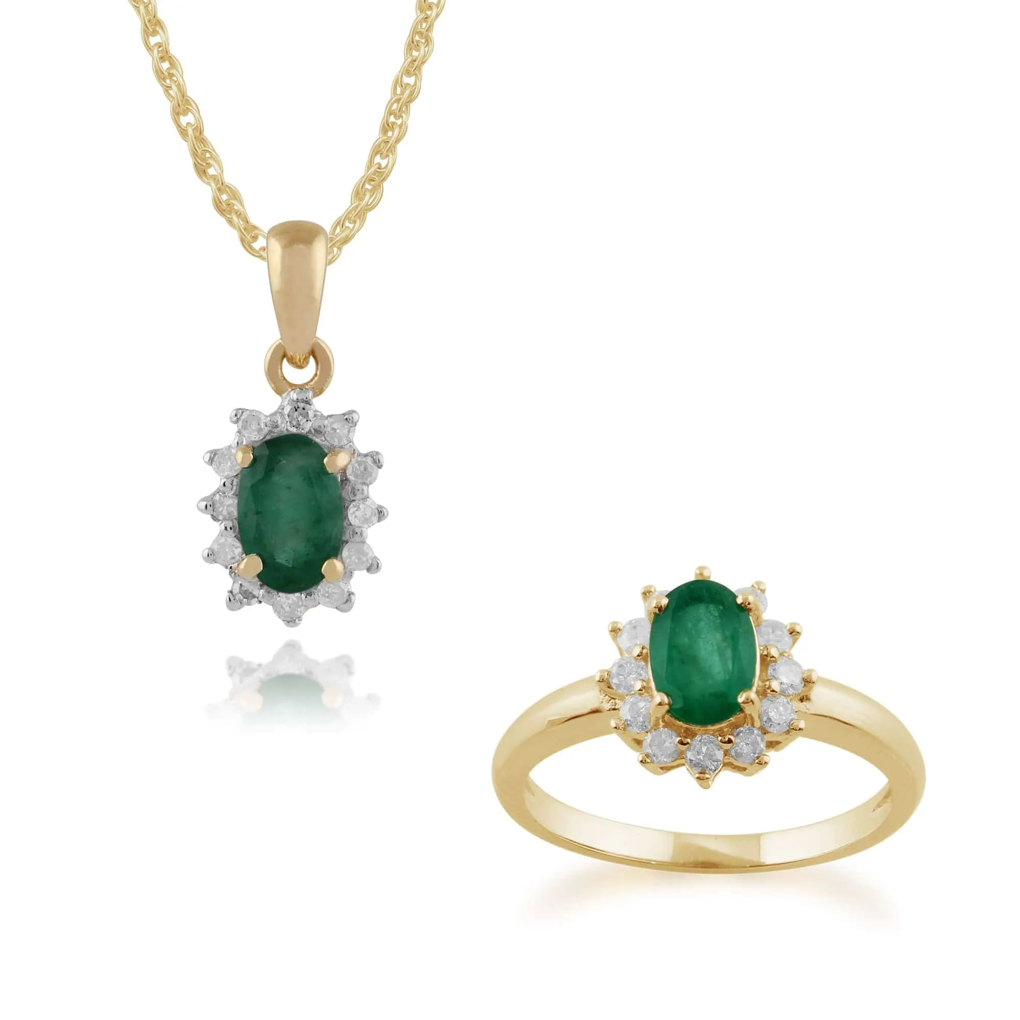 Classic Oval Emerald & Diamond Halo Cluster Pendant & Ring Set in 9ct Yellow Gold sold by Gemondo Jewellery