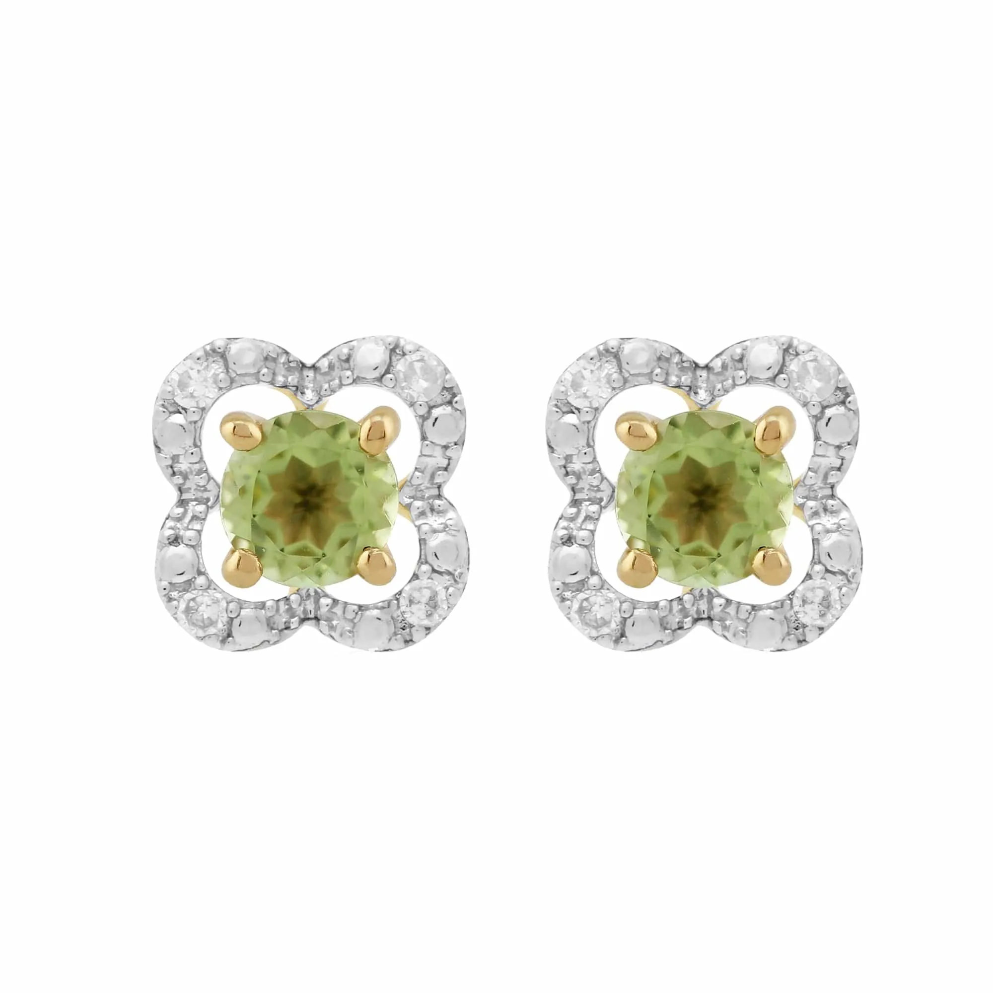Classic Round Peridot Stud Earrings with Detachable Diamond Floral Ear Jacket in 9ct Yellow Gold sold by Gemondo Jewellery