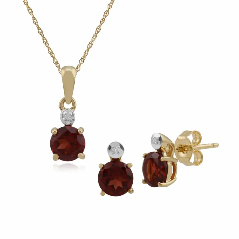 Classic Round Garnet & Diamond Stud Earrings & Pendant Set in 9ct Yellow Gold sold by Gemondo Jewellery