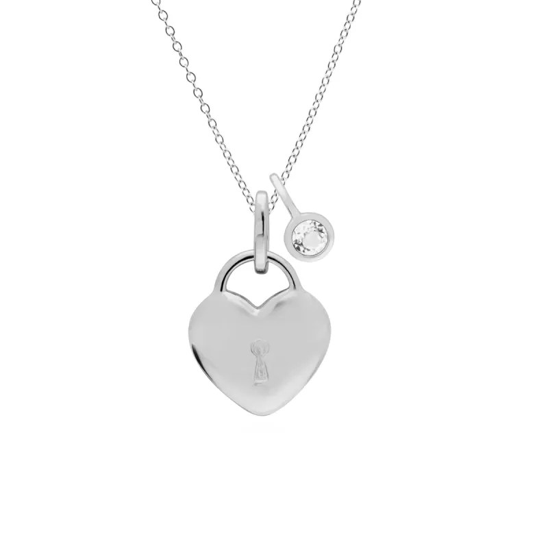Classic Heart Lock Pendant & Clear Topaz Charm in 925 Sterling Silver sold by Gemondo Jewellery