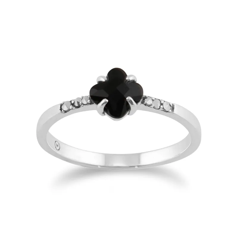 Floral Square Black Onyx & Marcasite Ring in 925 Sterling Silver sold by Gemondo Jewellery