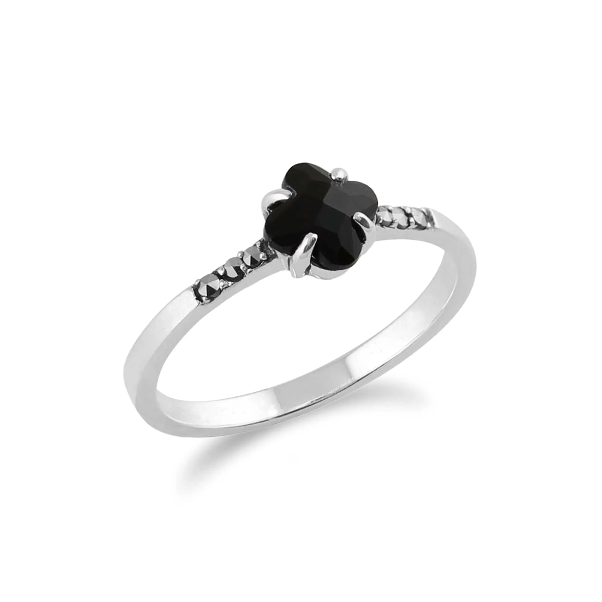 Floral Square Black Onyx & Marcasite Ring in 925 Sterling Silver sold by Gemondo Jewellery product image thumbnail 2