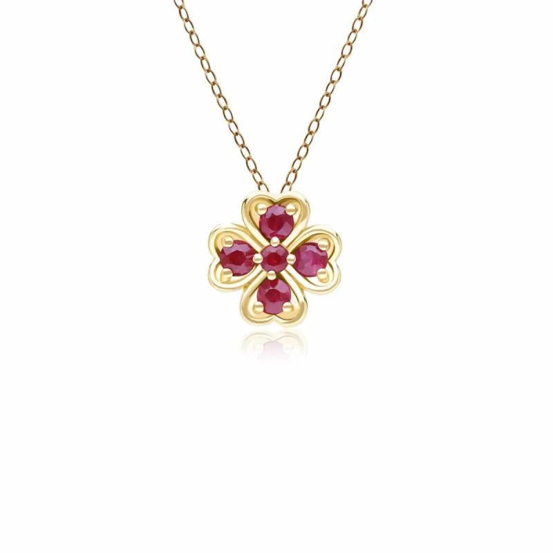 Gardenia Round Ruby Clover Pendant Necklace in 9ct Yellow Gold sold by Gemondo Jewellery