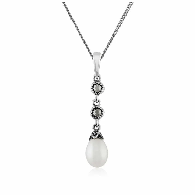 Art Nouveau Style Freshwater Pearl & Marcasite Pendant in 925 Sterling Silver sold by Gemondo Jewellery